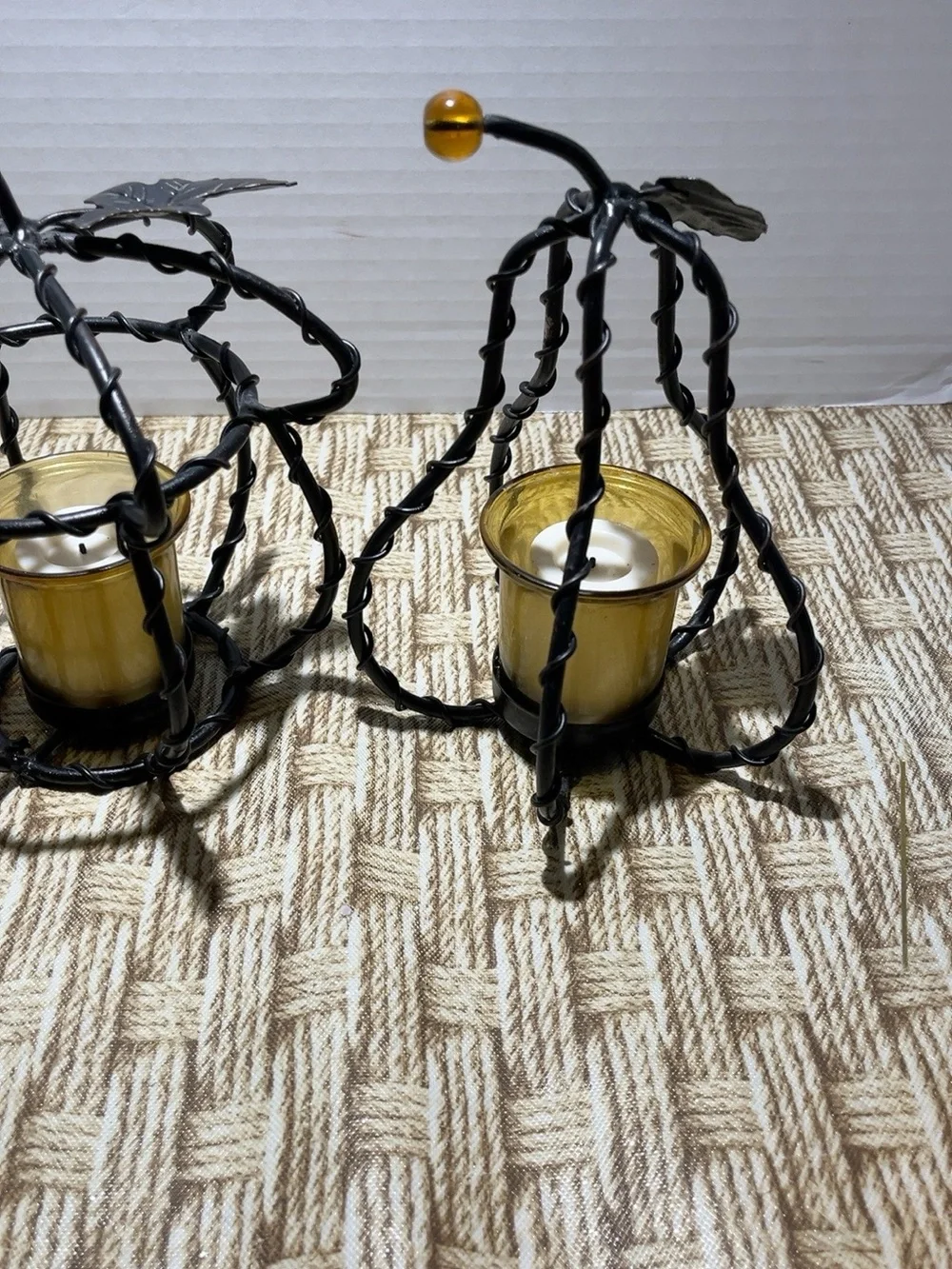 Set of 2 Metal Pumpkin Votive Candle Holders Amber Glass Fall Autumn Decor